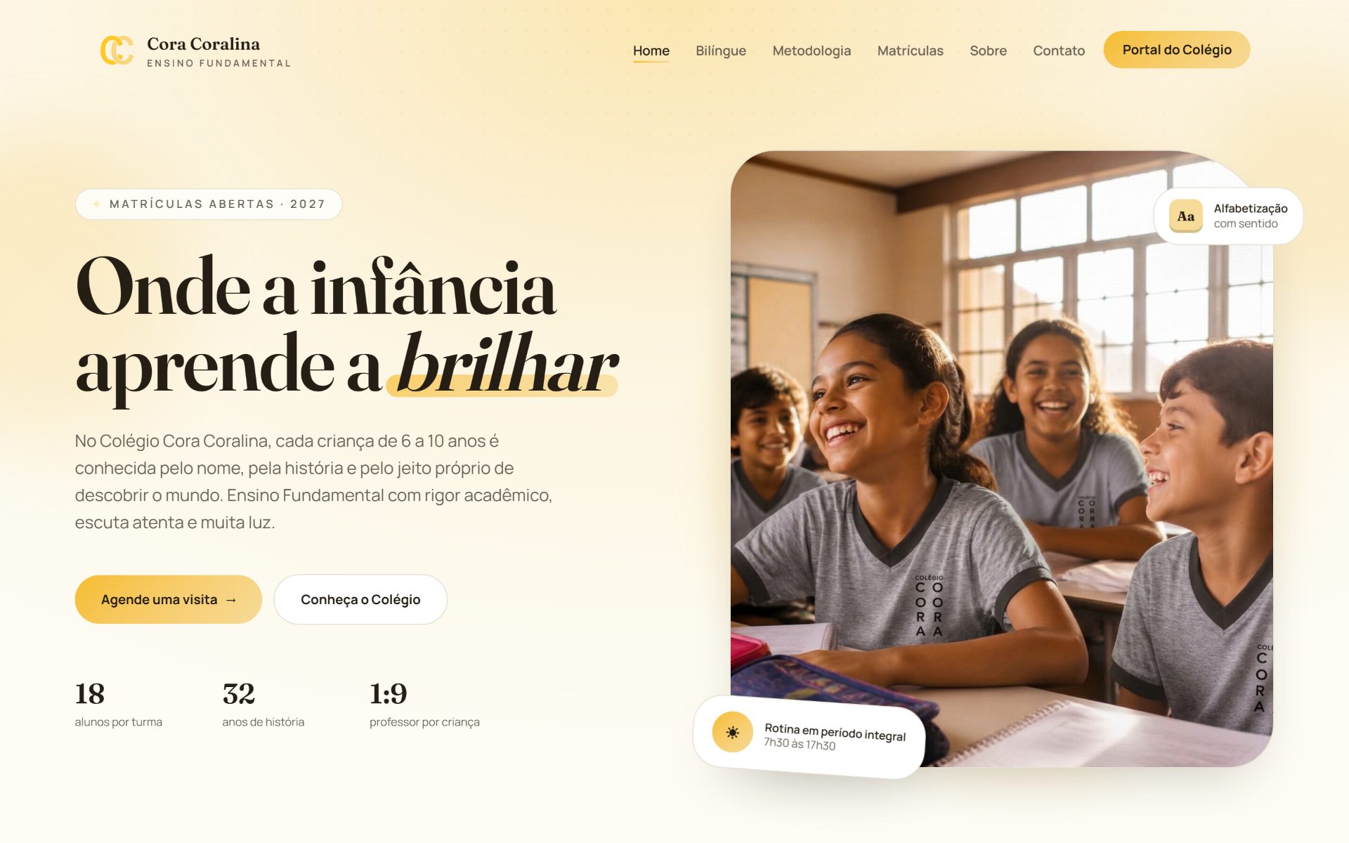 Página inicial do site do Colégio Cora Coralina