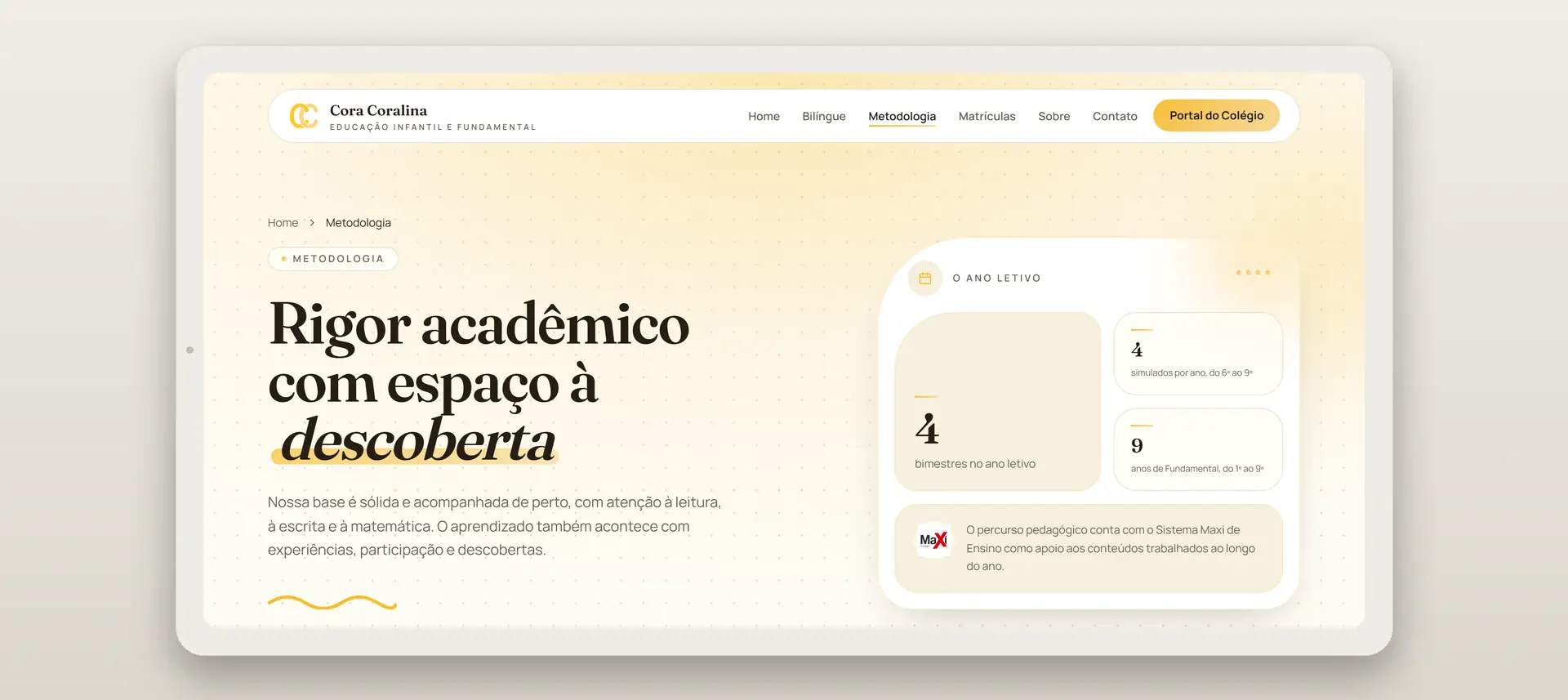 Página de metodologia no site do Colégio Cora Coralina