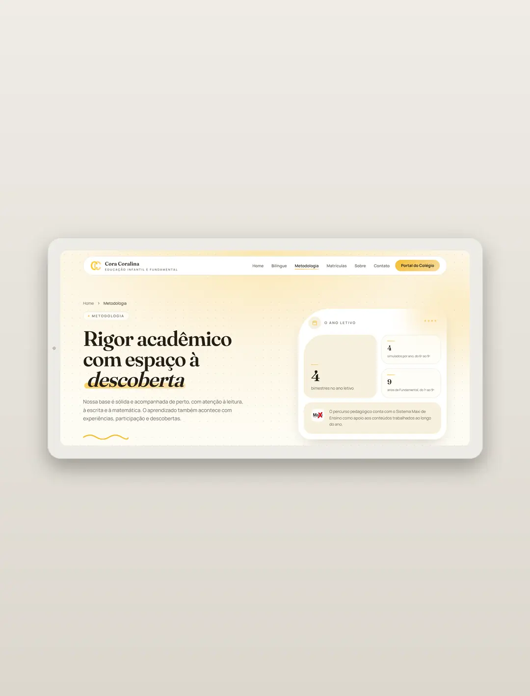 Página de metodologia no site do Colégio Cora Coralina