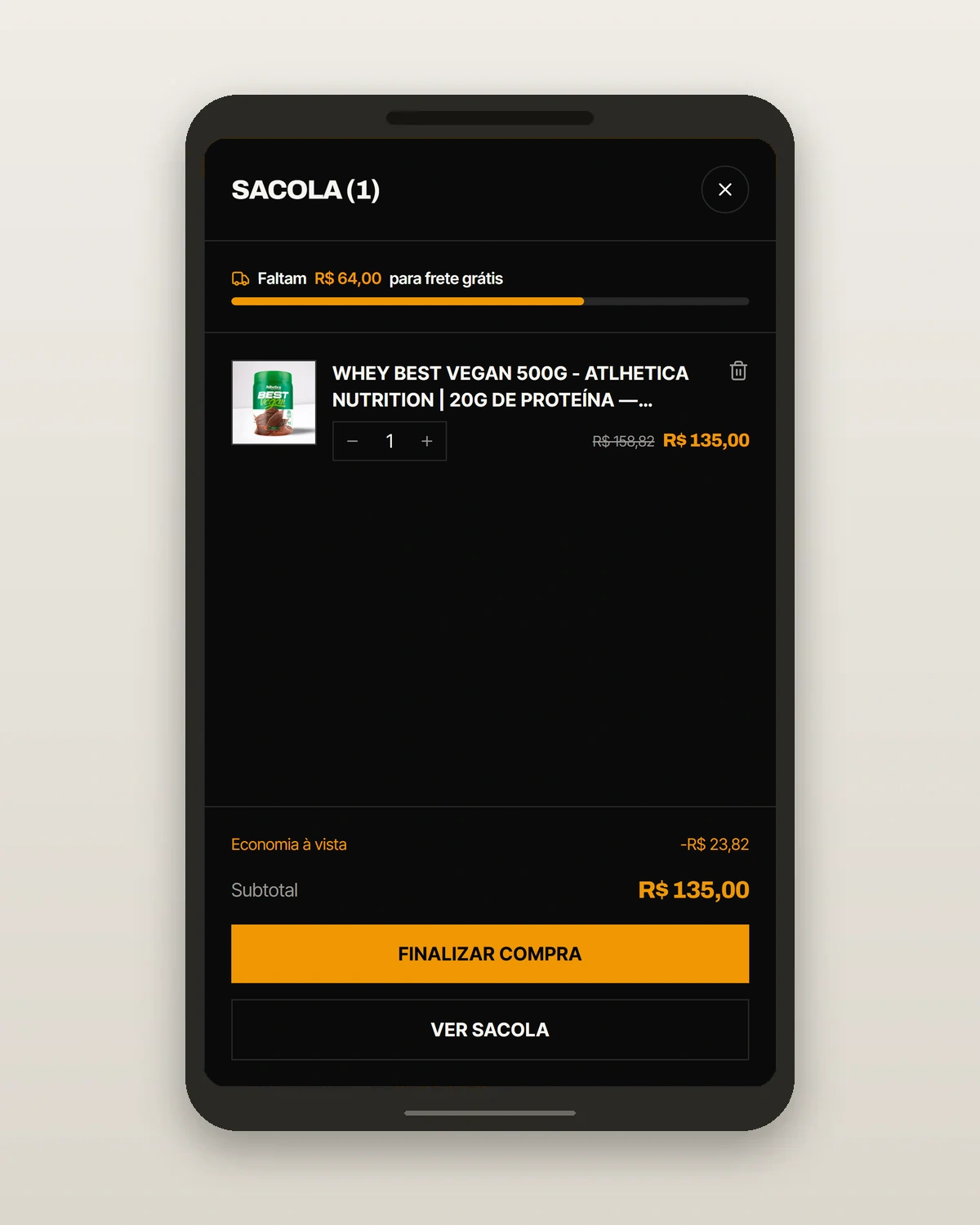 Mockup de celular com o carrinho da Musclor Suplementos