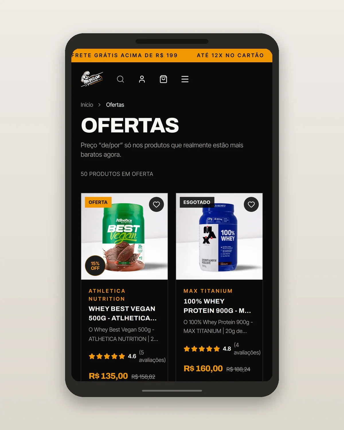 Mockup de celular com o catálogo de ofertas da Musclor Suplementos