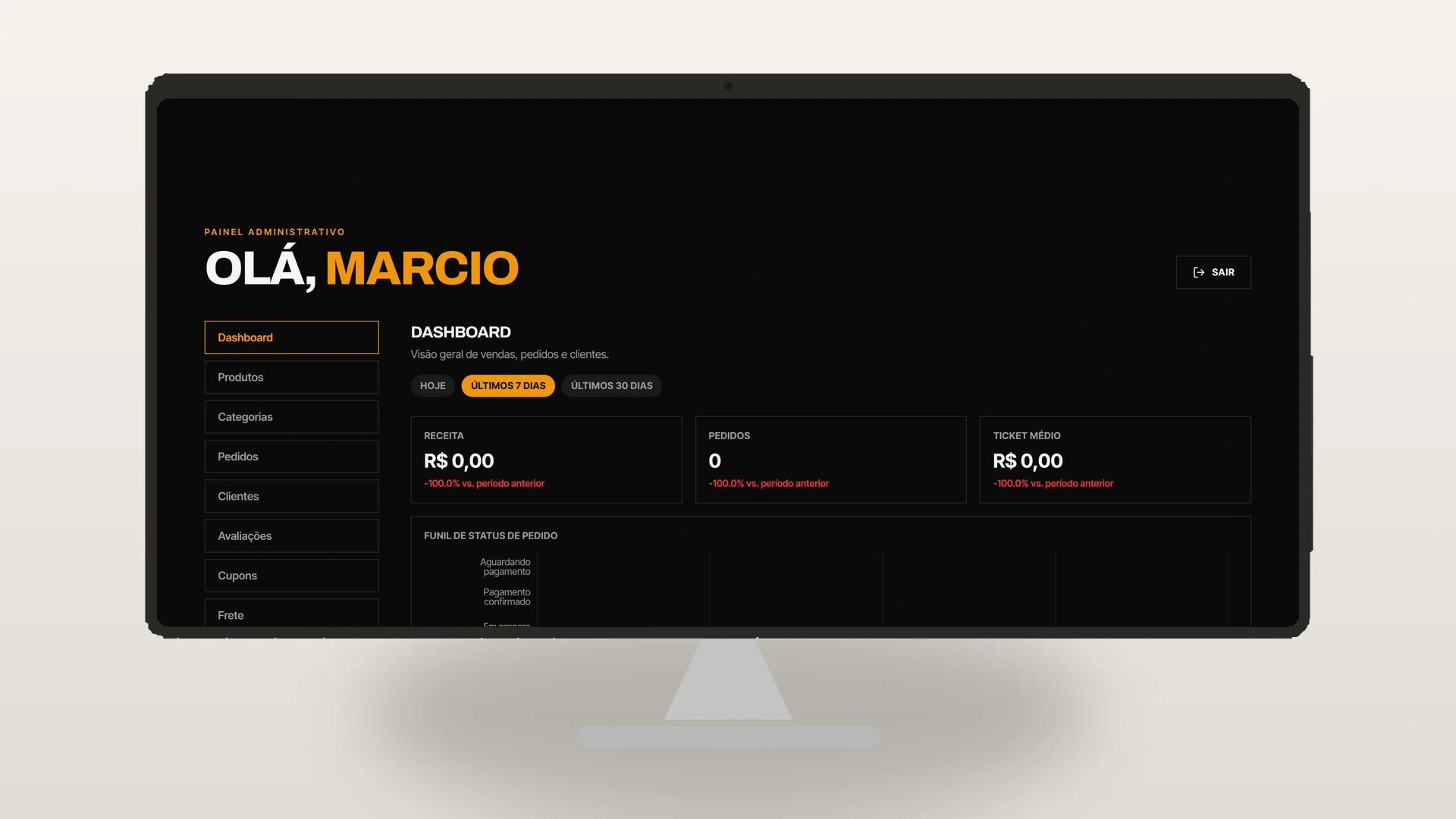 Mockup de monitor com o painel de pedidos da Musclor Suplementos